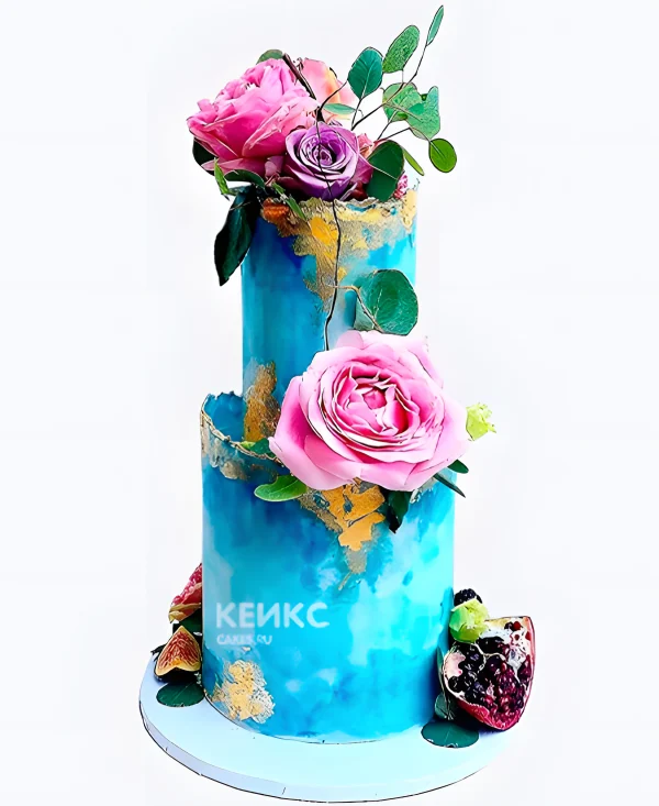 Бирюзовый свадебный торт с розами гранатом и инжиром Фото