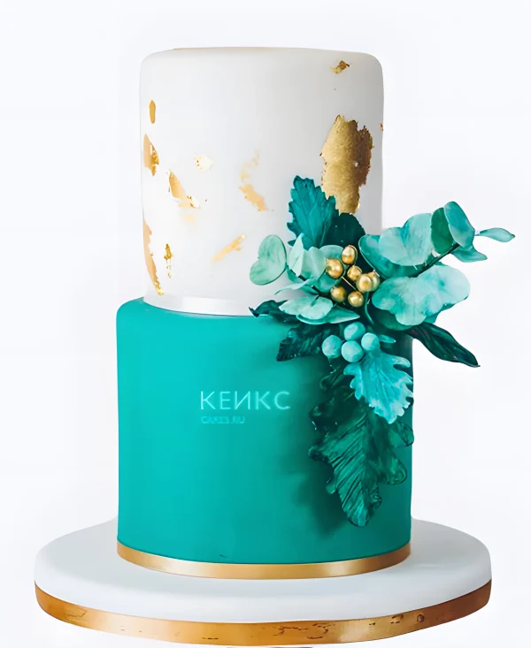 Двухъярусный свадебный торт с бирюзовым цветом и золотом Фото