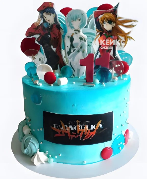 Бирюзовый торт на день рождения аниме Евангелион Фото
