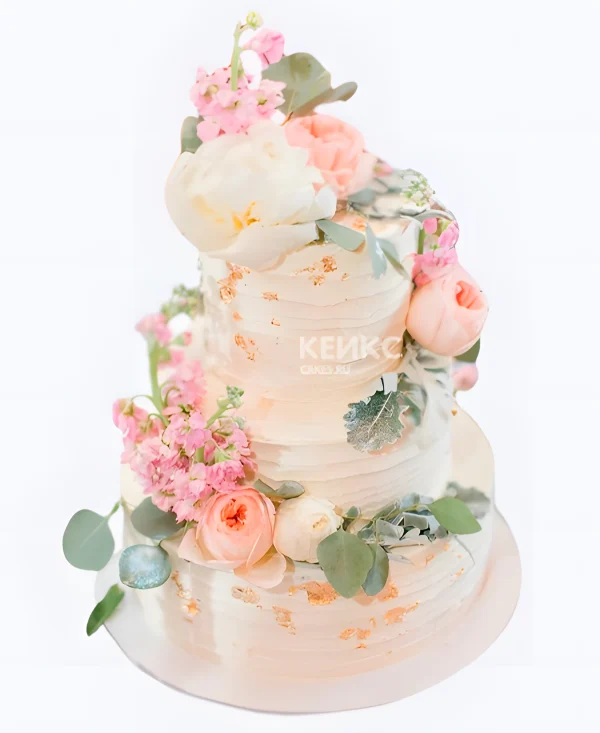 Большой свадебный торт Нежно-розовый букет с листиками Фото
