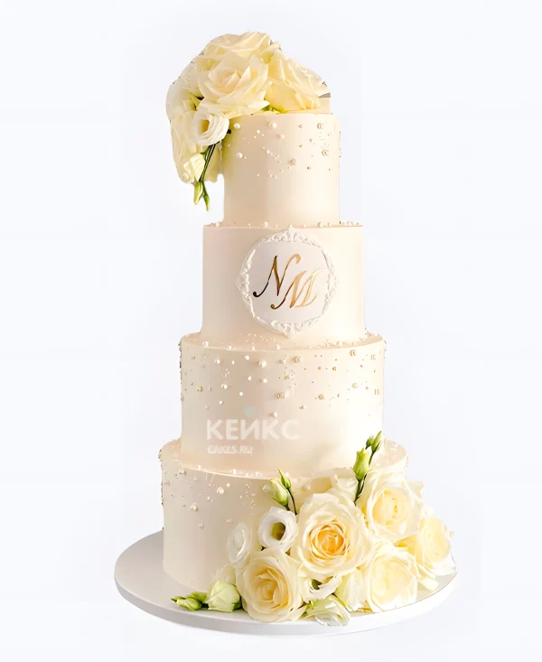 Большой свадебный торт Нежно-желтые розы с инициалами Фото