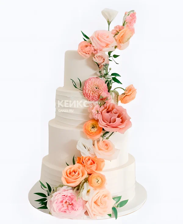 Большой свадебный торт рифленый Каскад цветов Фото