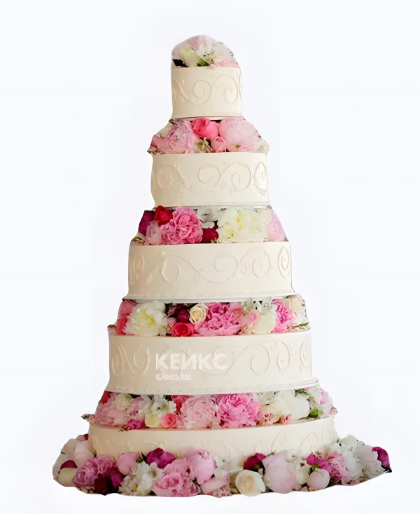 Большой свадебный торт Розовое ассорти цветов Фото