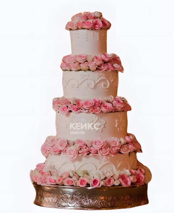 Большой свадебный торт Розовые розы с узорами Фото