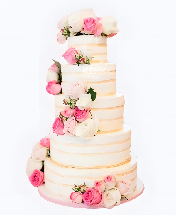 Большой свадебный торт с открытыми коржами и розами Фото