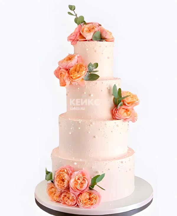Большой торт с цветами и жемчугом на свадьбу Фото