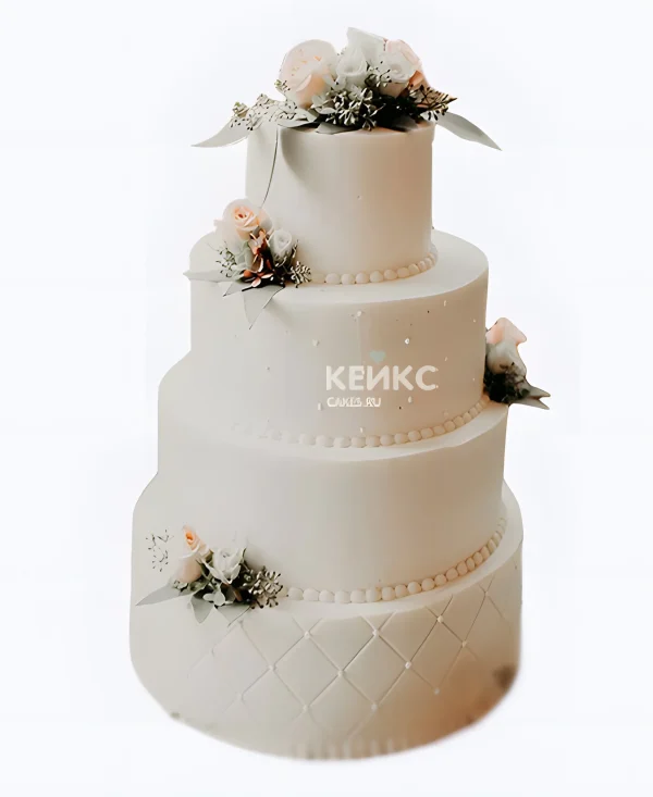 Большой свадебный торт со стяжкой бусами и розами Фото