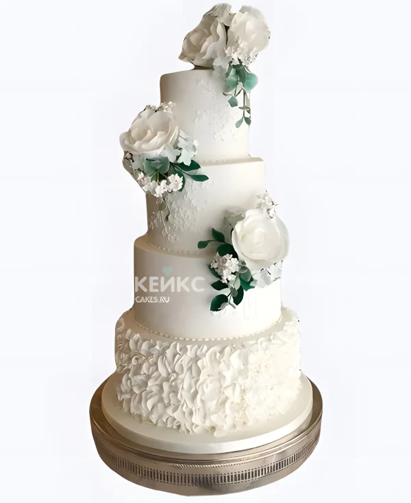 Большой свадебный торт Три букета с рюшами и узорами Фото