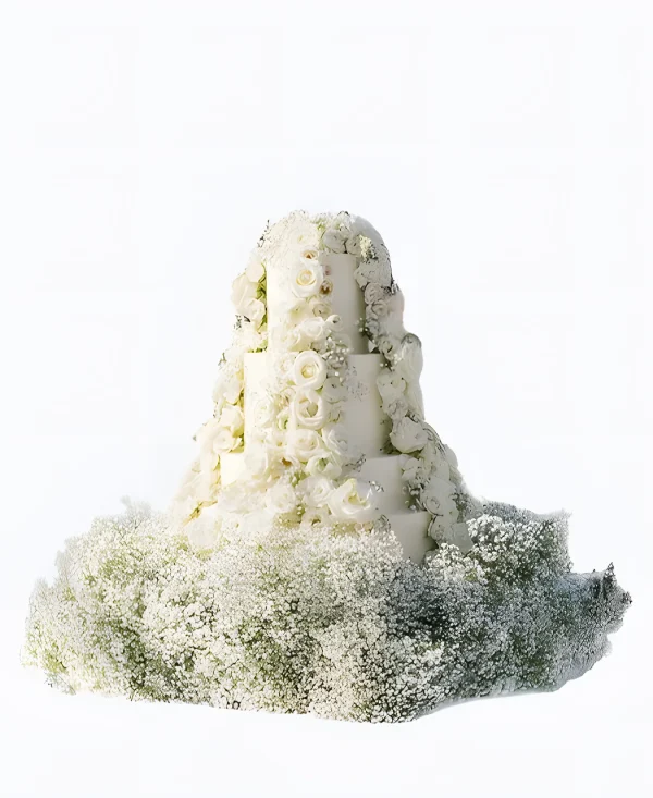 Большой трендовый торт на свадьбу с эустомой и гипсофилой Фото