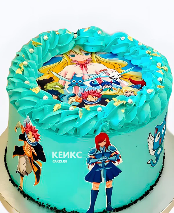 Бирюзовый кремовый торт на день рождения аниме Хвост Феи Фото