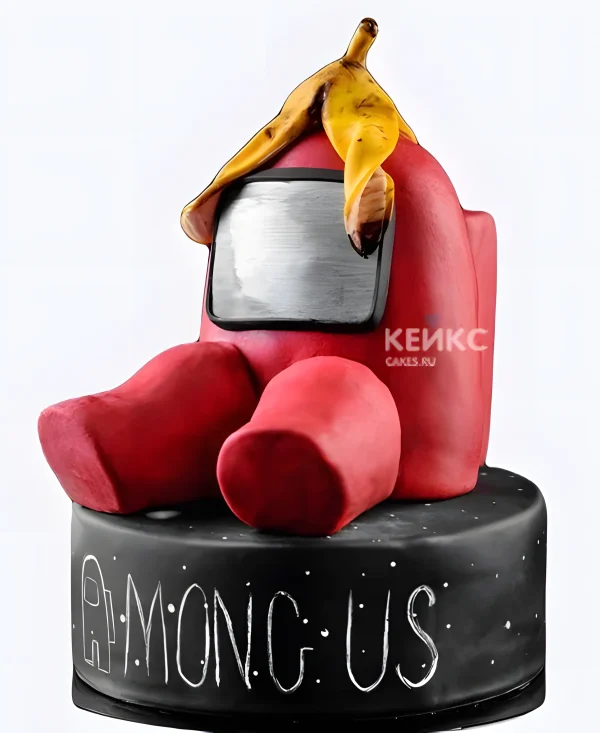 Чёрный торт с фигуркой персонажа из Among Us Фото