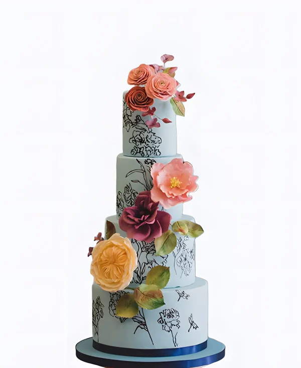 Четырехъярусный трендовый торт на свадьбу с цветами Фото