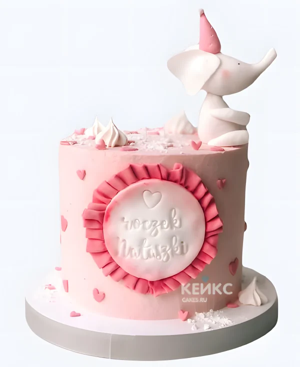Детский мастичный розовый торт со слоником Фото