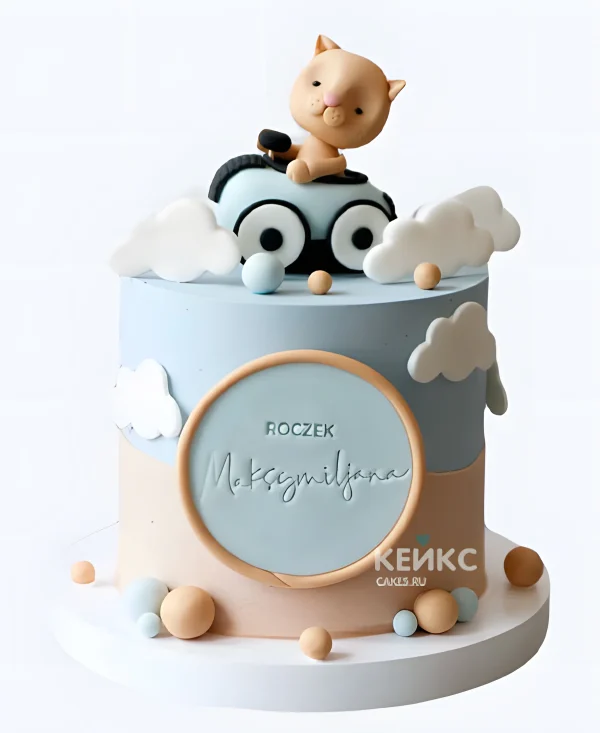 Детский торт с мастикой с милым котиком Фото