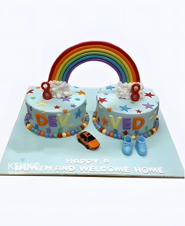 Два голубых тортика с радугой для мальчиков на 8 лет Фото