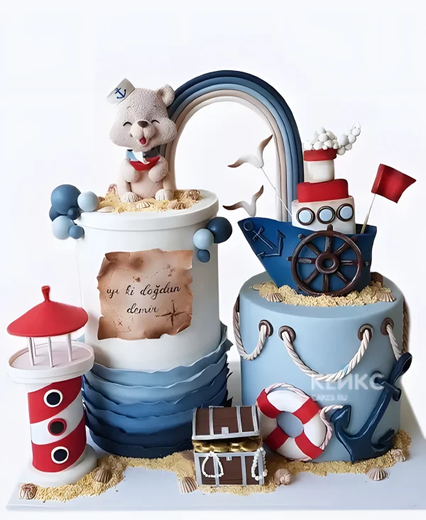 Два милых тортика с мишкой и кораблем для мальчиков Фото
