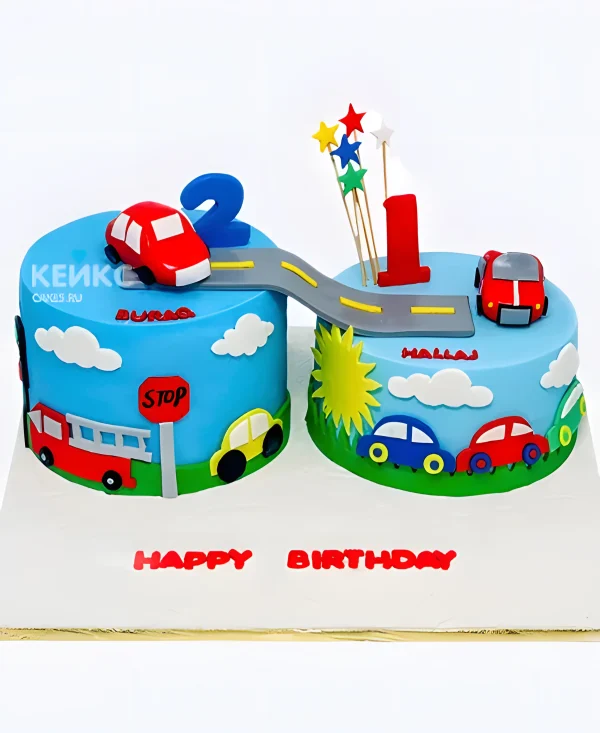 Два тортика для братьев с машинами и звездочками Фото