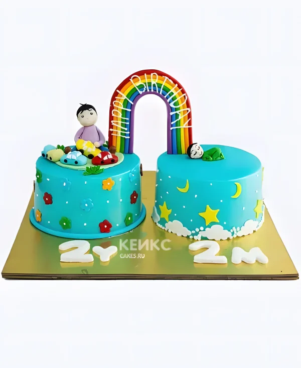 Два тортика на два годика для мальчиков с радугой и фигурками Фото