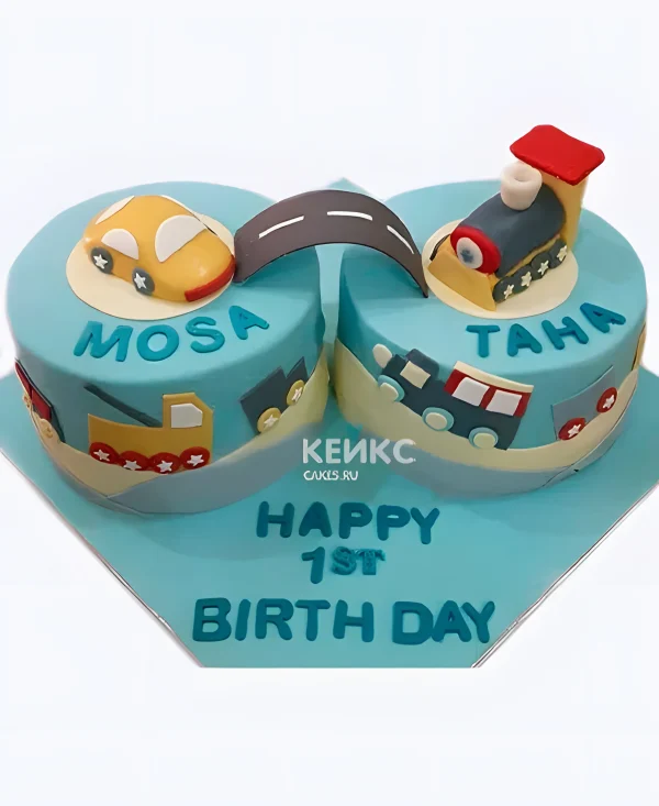 Два тортика на первый день рождения двойняшек с машинкой и паровозиком Фото