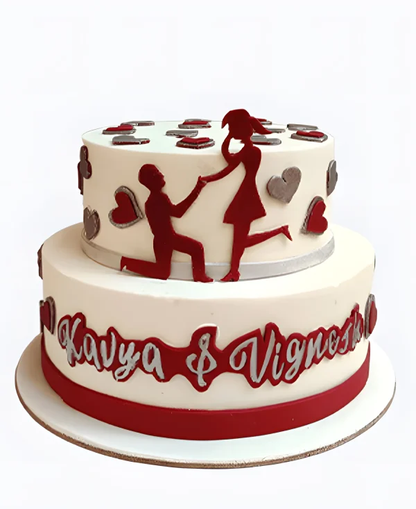 Двухъярусный торт с сердечками и силуэтами влюбленных на сватовство Фото