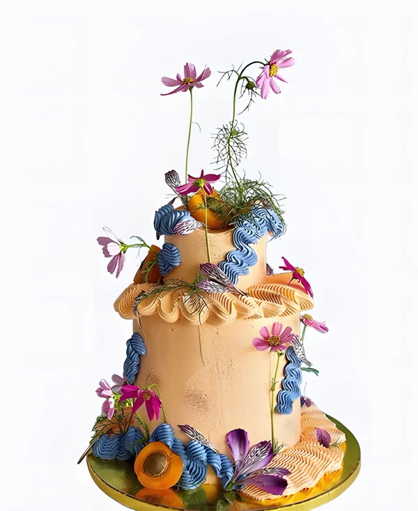 Двухъярусный трендовый торт с цветами на свадьбу Фото