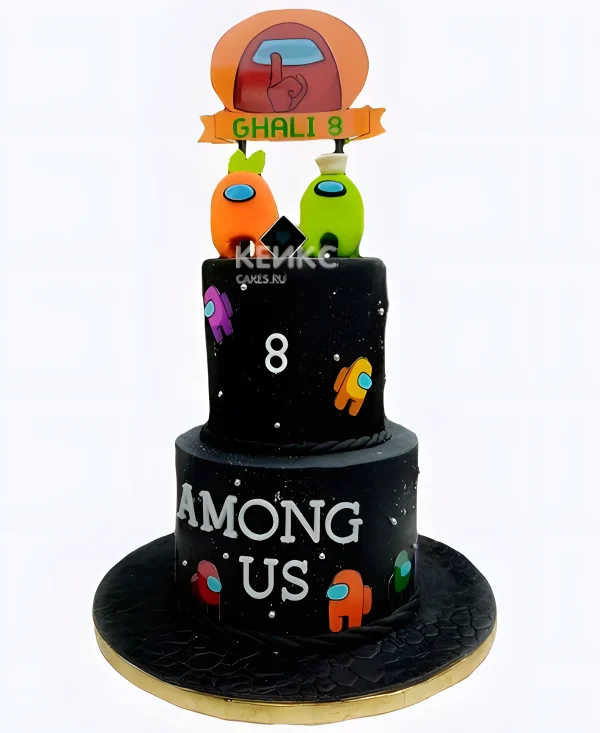 Двухъярусный чёрный торт на восемь лет из игры Among Us Фото