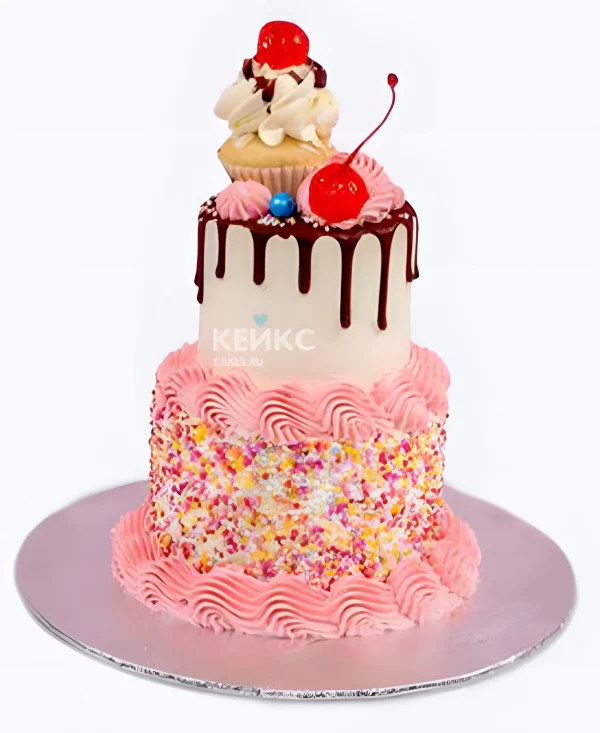 Двухъярусный розовый торт девочке с вишней Фото