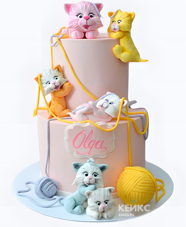 Двухъярусный торт девочке с клубками и котиками Фото