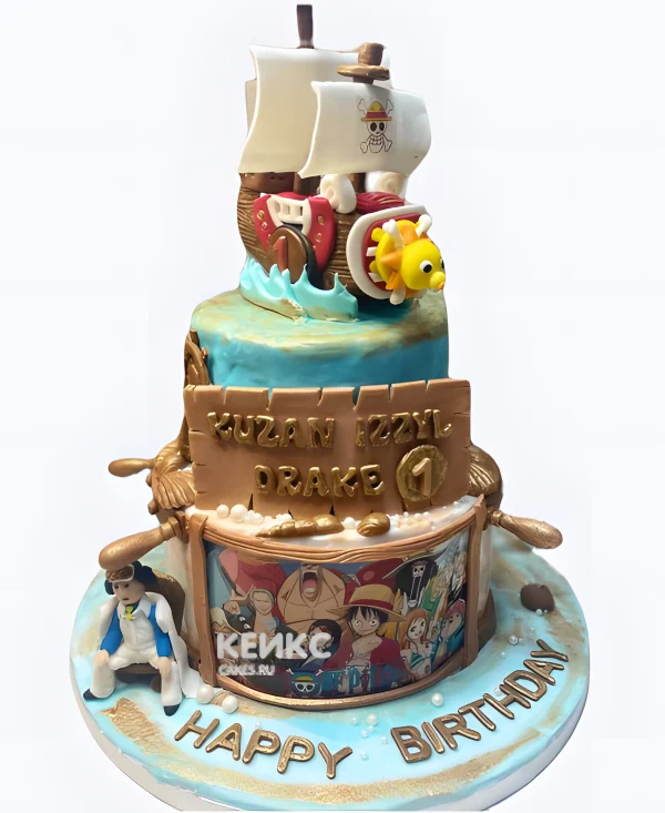 Двухъярусный торт на день рождения с кораблем аниме Ван пис Фото