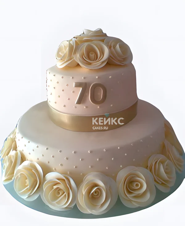Двухъярусный торт на юбилей 70 лет с белыми розами Фото