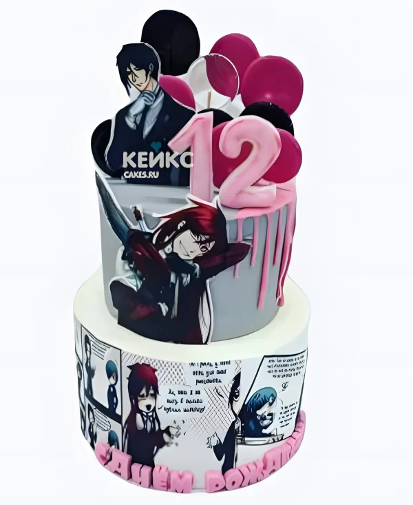 Двухъярусный торт с леденцами и фотопечатью Фото