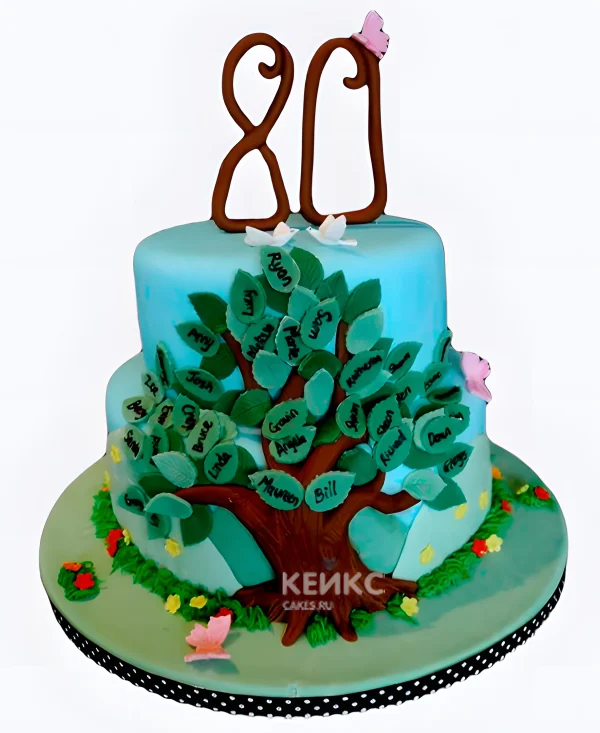 Двухъярусный торт с семейным древом на юбилей 80 лет Фото