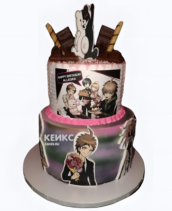 Двухъярусный торт с шоколадом на день рождения аниме Данганронпа Фото