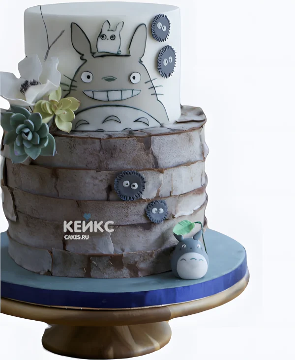 Двухъярусный торт с цветами на день рождения аниме Мой сосед Тоторо Фото