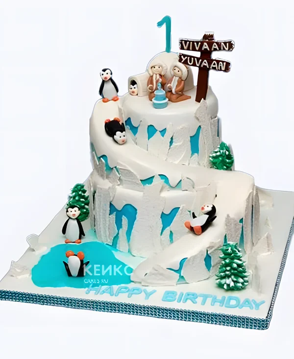 Двухъярусный тортик с милыми пингвинами для мальчиков на 2 года Фото