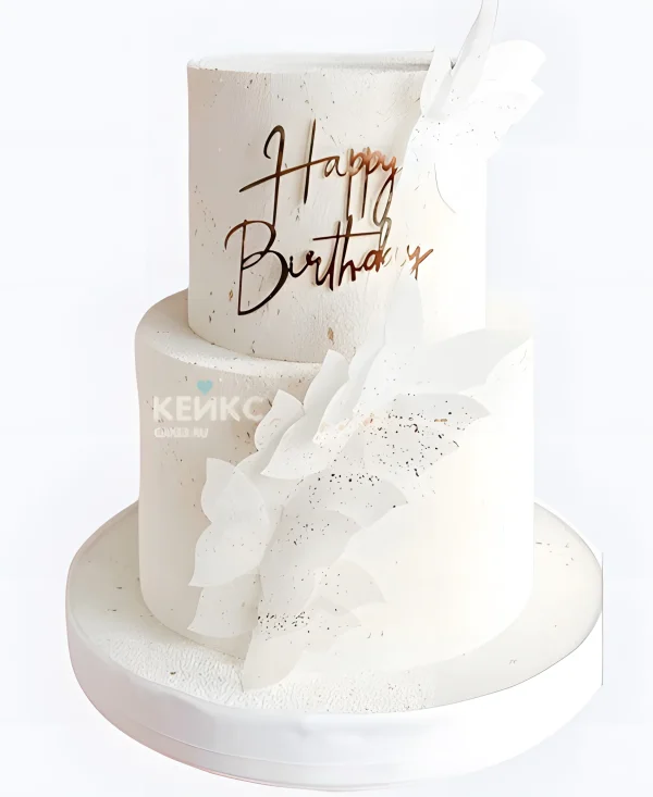 Эстетичный двухъярусный торт на день рождения с белыми бабочками Фото