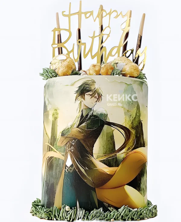 Эстетичный торт на день рождения с топпером Геншин Фото