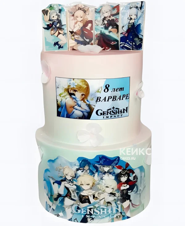 Эстетичный торт на день рождения в пастельных тонах Геншин Фото