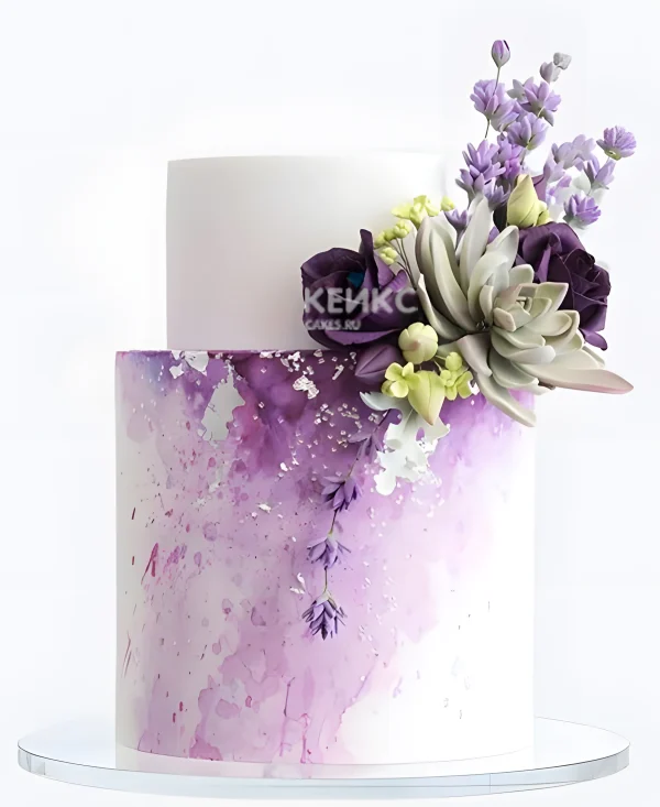 Фиолетовый свадебный торт Акварель с букетом Фото