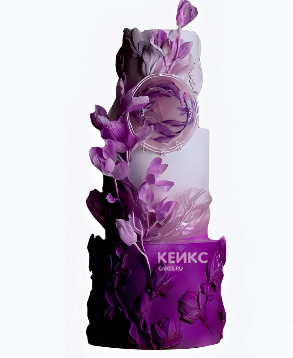 Фиолетовый свадебный торт Две рыбки в цветах Фото