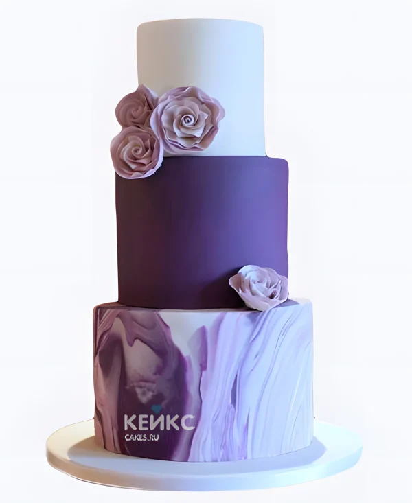 Фиолетовый свадебный торт Мрамор с розами Фото