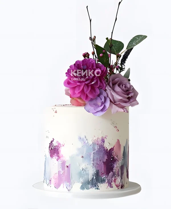 Фиолетовый свадебный торт оттенки в аппликации с цветами Фото