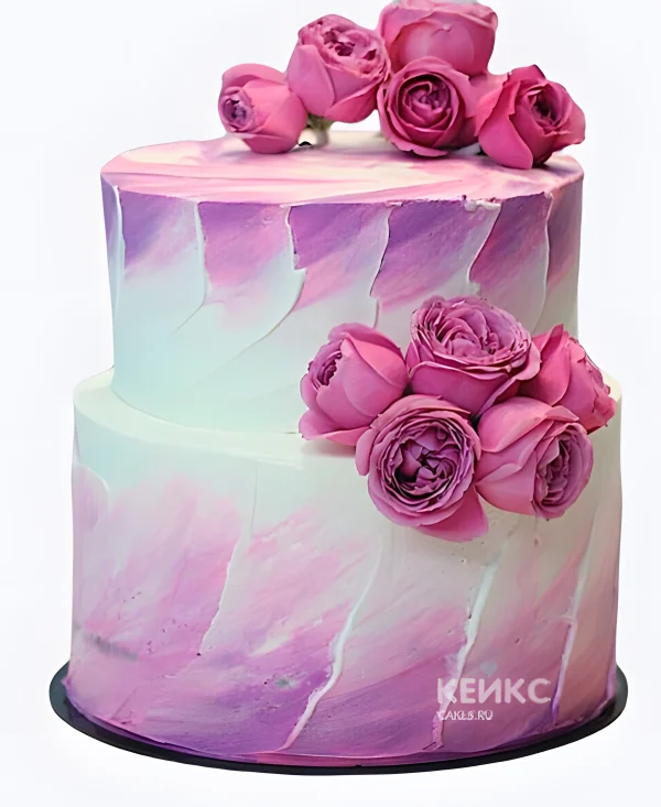 Фиолетовый свадебный торт Розы на мазках Фото