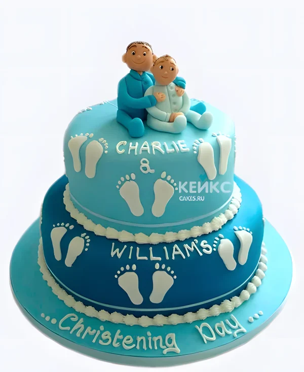 Голубой двухъярусный торт с братьями и милыми надписями для двойняшек Фото