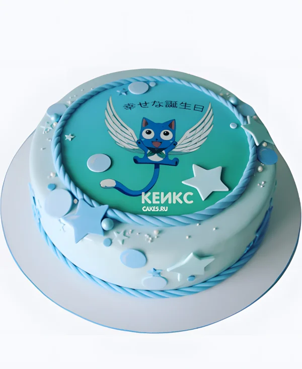 Голубой торт на день рождения с звездами аниме Хвост Феи Фото