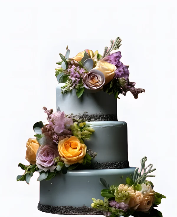 Голубой трендовый торт с цветами на свадьбу Фото