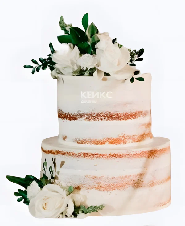 Голый свадебный торт Белые розы на ветке Фото