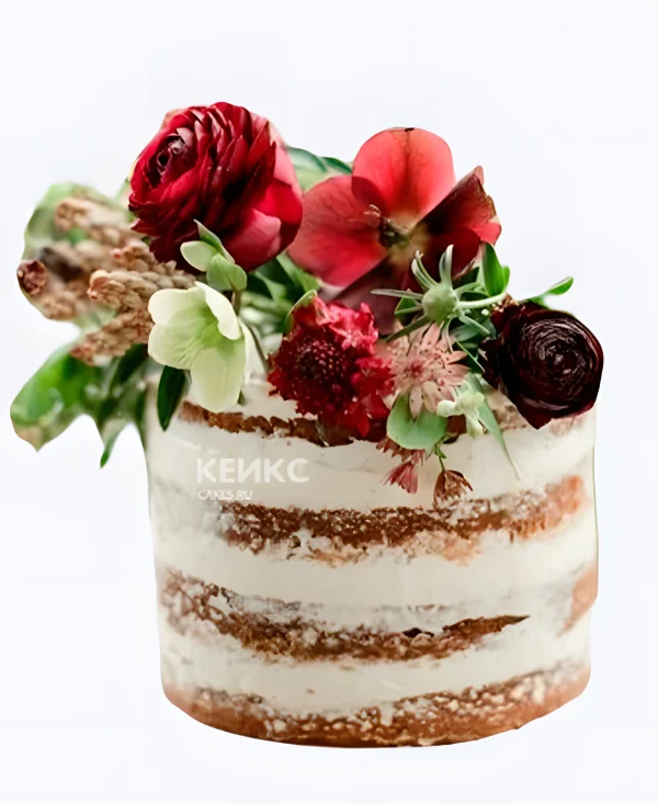 Голый свадебный торт Яркий букет Фото