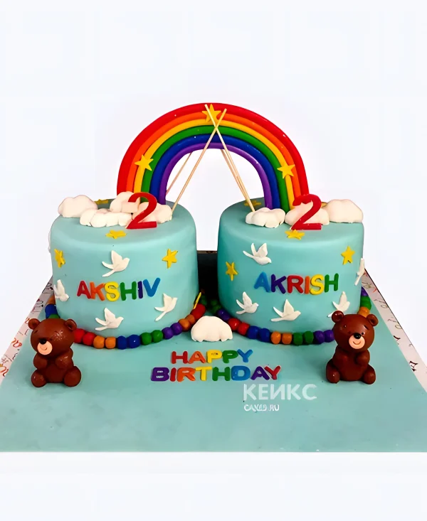 Яркие тортики с радугой и мишками на два года для мальчиков Фото