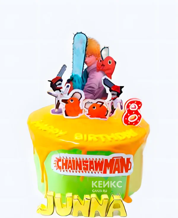 Яркий торт на день рождения аниме Человек-бензопила Фото